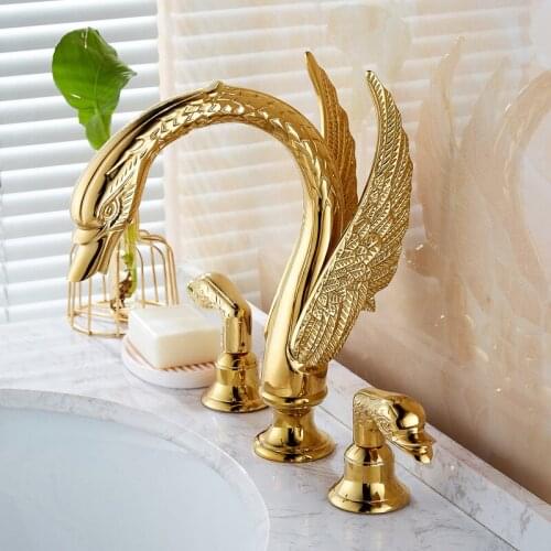 European Luxury Golden Swan Basin Three-hole Faucet Washbasin Hot and Cold Split Bathtub Faucet Gold Crystal Water Tap