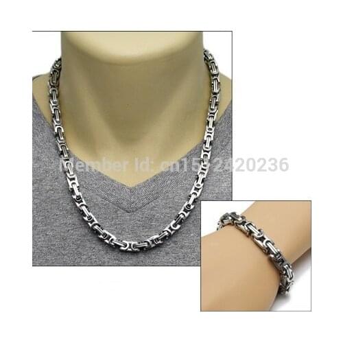 Charms square Byzantine Chain Necklace & Bracelet Set Stainless Steel Jewelry Set In Mens Birthday Gifts