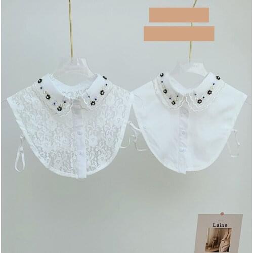 Linbaiway Vintage Floral Beads Fake Collar for Women Lace Shirt False Collar Decoration Detachable Collar Lapel Blouse Top Tie