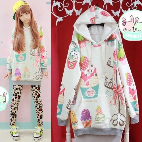 Cute Womens Lolita Colorful yummy Cake Kawai Hoodie Sweatshirt Harajuku Long Sleeve