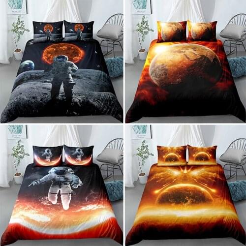 Moon Astronaut Full Print Bedding Sets Single King Size Planet Comforter Cover Set Bedclothes Duvet Covers Microfiber Fabric