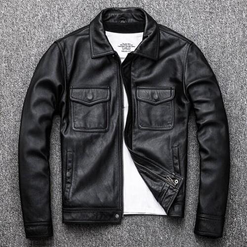 Mens Genuine Cowhide Leather Vintage Turn Down Collar Black Motorcycle Jacket Zipper Brand Slim Fit Autumn Winter Coats