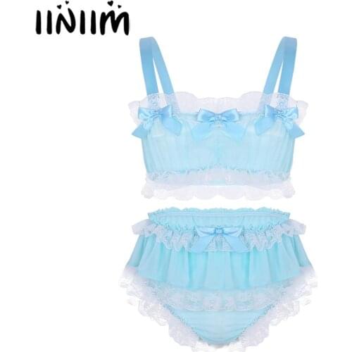 Gay Sissy Mens Underwear Sexy Costumes Lingerie Set Ruffled Lace Sheer Chiffon Crop Top Skirted Petticoated Panties Exotic Sets