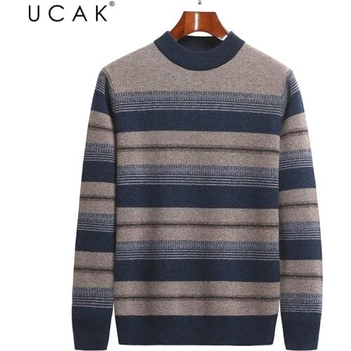 UCAK Brand Classic Pure Merino Wool Men Sweaters O-Neck Striped Streetwear Sweater Pull Homme Autumn Winter Thick Pullover U1312