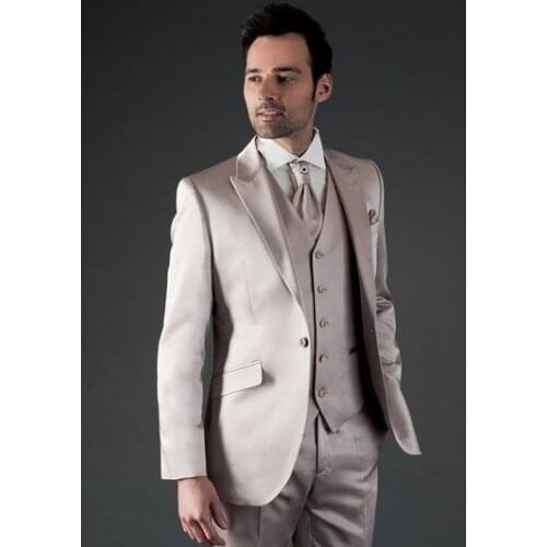 Latest Coat Pant Designs Champagne Satin Men Suit Slim Fit 3 Piece Tuxedo Prom Blazer Custom Groom Party Suits Terno Masculino P