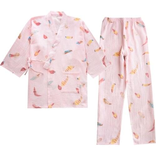 Japanese Kimono Pajamas for Women 100% Cotton Gauze Crepe Sleepwear 7-Quarter Sleeve V-Neck Sexy Nightwear Home Pijama 2 Piece