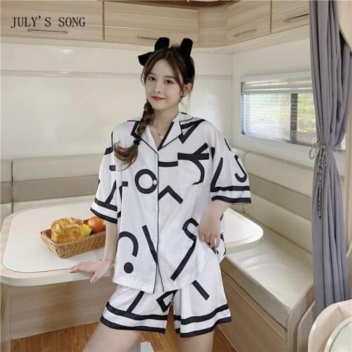 JULYS SONG 2 PCS Ice Silk Sleepwear Set Female Short Sleeve Homewear Casual Turn-down Collar Spring Women Pajamas Set Elegant