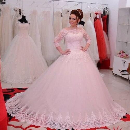 Real Plus Size Wedding Dress Lace 3/4 Sleeve Ball Gown Bridal Dresses 2016 Elegant Wedding Gowns Vestido de Casamento Boda