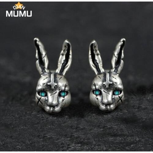Cute Silver Color Green Zircon Eye Rabbit Stud Earrings for Men Women Motorcycle Party Biker Earrings Punk Ear HipHop Jewelry