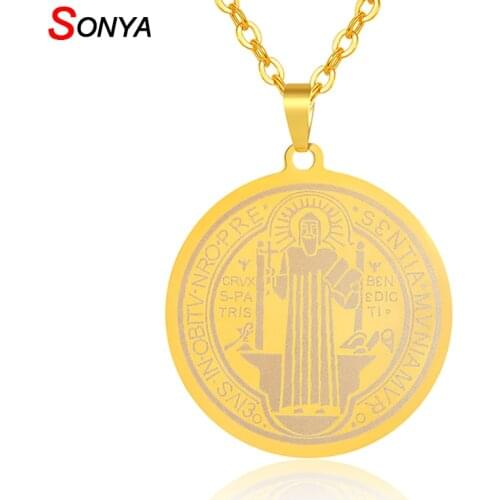 SONYA Stainless Steel St. Barbe Catholic Patron Saint St. Benedict Holy Medal Gold Color Pendant Necklaces For Women Jewelry