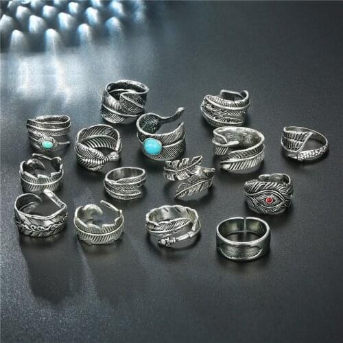 1PC Punk Vintage Metal Feather Leaves Open Ring Male Jewelry European Men Gothic Rock Metal Color Leaf Free Ring Anillo R97