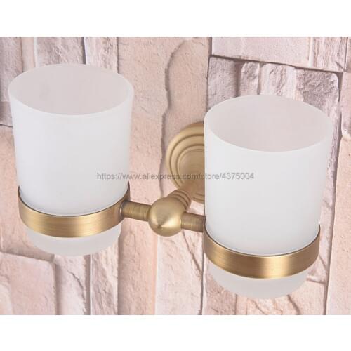High Quality Bathroom Antique Brass Toothbrush Holder + Two Glass Cups Wall Mounted Bathroom Accessories Nba739
