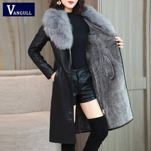 Vangull Womens Leather Jacket for Winter 2019 New Plus Velvet Warm Slim Big Fur Collar Long Leather Coat Female Outerwear M-4XL