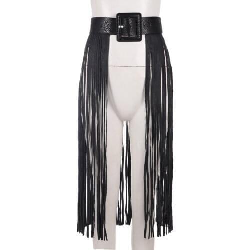 Women High Waist Leather Fringe Tassels Skirt Waist Belt Skirt with Snakeskin Girdle Halloween Party Punk Rock Costume Clubwear
