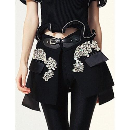 Women Mini Skirt Pearls Beads Embellished Decorated Designer Short Skirts Pu Belt High Street Sexy Club Modern Aesthetic Black