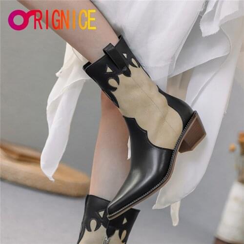 Orignice Brand Design Pointed Toe Western Cowboy Ankle Boots Women Retro Style Chunky Heel Mixed Color Hot Sale Slip On Shoes