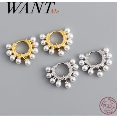 WANTME Genuine 925 Sterling Silver Bohemian Round Synthetic Pearl Stud Earrings for Women French Style Ocean Ears Jewelry Gift