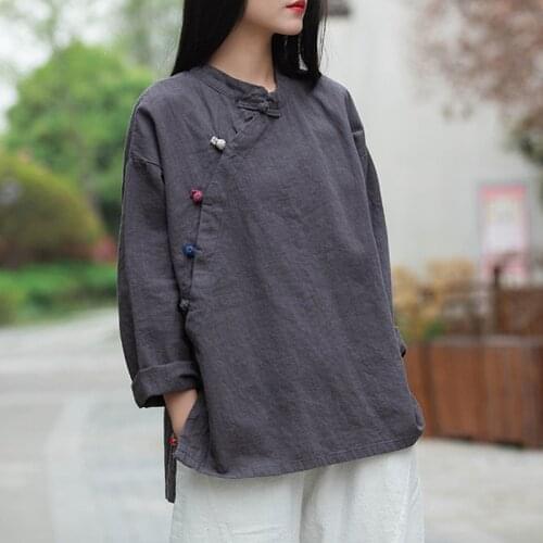 FairyNatural Ladies Vintage Cotton Linen Shirts And Tops Stand Female Chinese Style Button Loose Blouses 2021 Autumn Summer