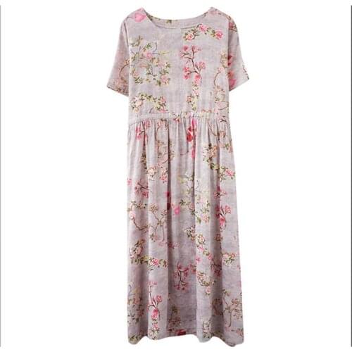 Boho Summer Dress Womens Casual Floral Printed Robe Femme Short Sleeve Cotton And Linen Long Maxi Loose Sundress FC1318