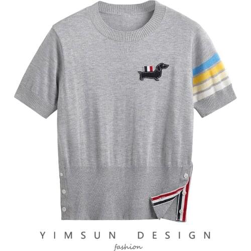 2021 summer new tbb four bars cartoon puppy embroidery round neck pullover sweater top women short sleeve T-shirt