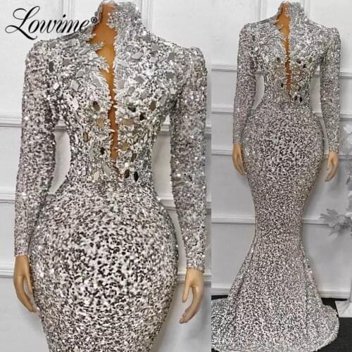 Dubai Formal V Neck Silver Sequin Evening Dresses Mermaid Arabic Prom Party Gowns With Crystals Long Robe De Soiree Custom Made