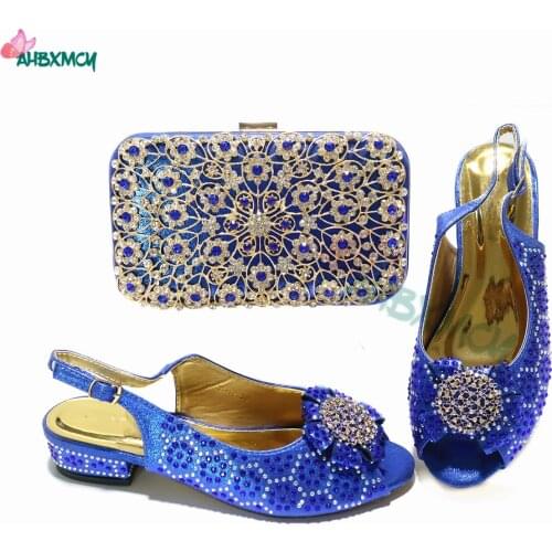 Mature Style New Arrivals African Women Shoes and Bag Set in Royal Blue Color Decorate with Rhinestone for Wedding Party