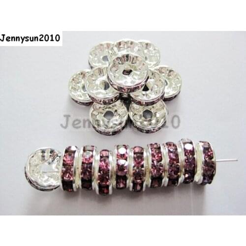 200pcs/lot 8mm Top Quality Czech Crystal Light Ame-thyst Rhinestone Pave Rondelle Metal Silver Plated Spacer Loose Beads Jewelry