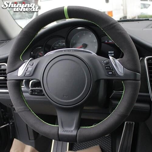 Shining wheat Black Suede Green Marker Car Steering Wheel Cover for Porsche Cayenne Panamera 2010- 2011