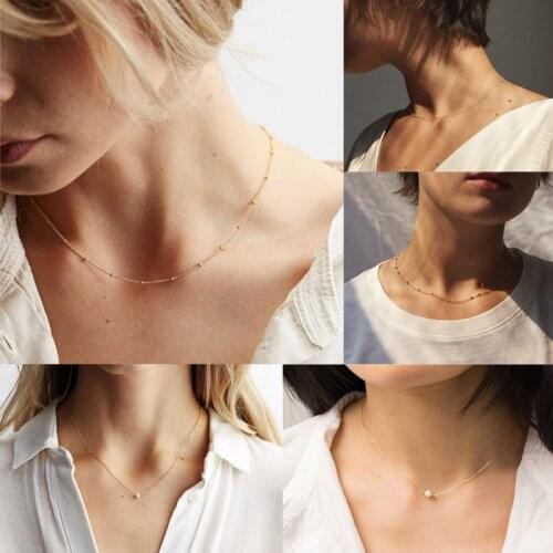 Womens Single Layer Circle Pearl Bead Chain Stainless Steel Pendant Necklace Fashion Personality Decoration Jewelry Gift