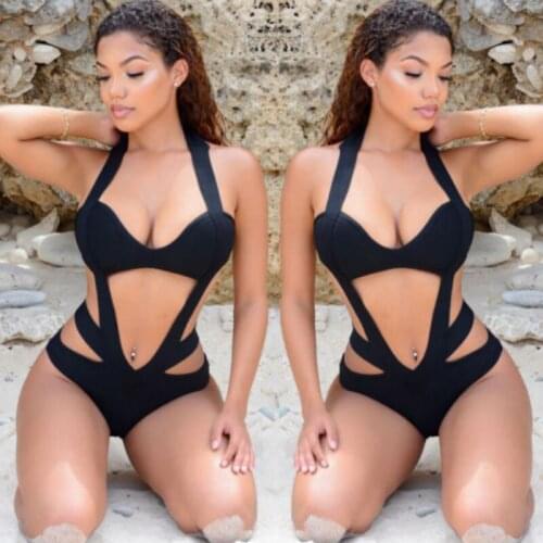 Black Push UP Monokini Womens Padded Bra Bikini Set Halter Swimsuit Bathing Suit Girls One-Piece Swimwear Beachwear