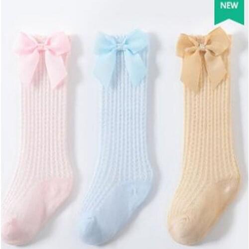 Baby Infants Kids Sock Toddlers Girls Princess Knee High Socks Tights Leg Summer Thin Bow Solid Cotton Mesh Stretch Cute Sock