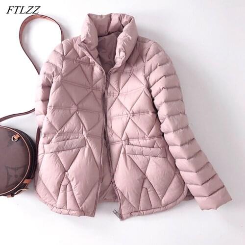 FTLZZ Winter Stand Collar Light Down Short Jacket Women 90% White Duck Down Warm Coat Ladies Casual Loose Soft Pink Outwear