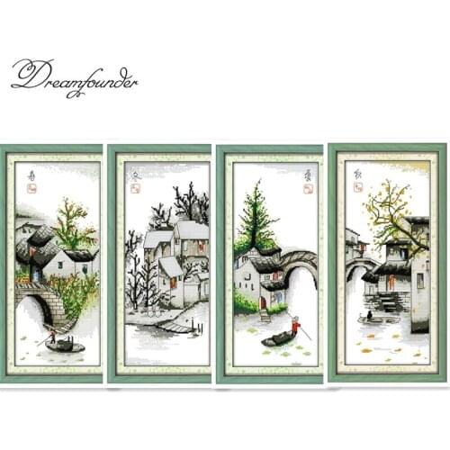 Four seasons in water village cross stitch kit aida 14ct 11ct count printed canvas stitches embroidery DIY handmade needlework