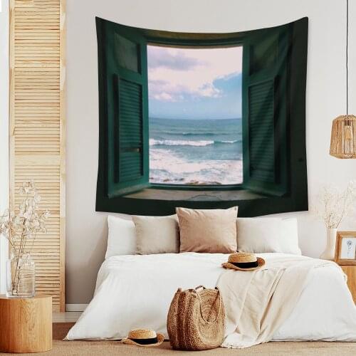 Window Tapestry Sea Beach Throw Blanket Home Decor Carpet Wall Art