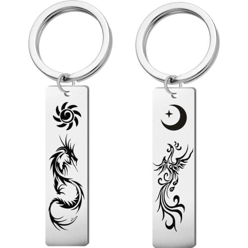 Original stainless steel keychain dragon and phoenix pattern pendant key chain sun moon couple jewelry pendant Chinese style