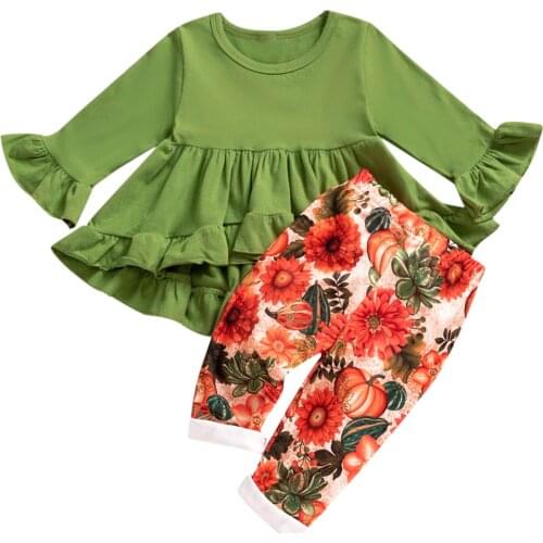 OPPERIAYA Toddler Baby Girls 2Pcs Fall Cotton Clothes Long Sleeve Solid Color Ruffle Round Neck Tops Pumpkin Pants Casual Set
