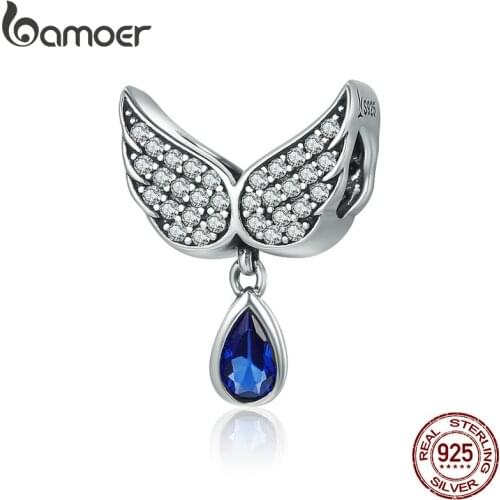 BAMOER Hot Sale Authentic 925 Sterling Silver Angel Wings Feather Pendant Charm fit Women Bracelet amp Necklace Jewelry SCC481