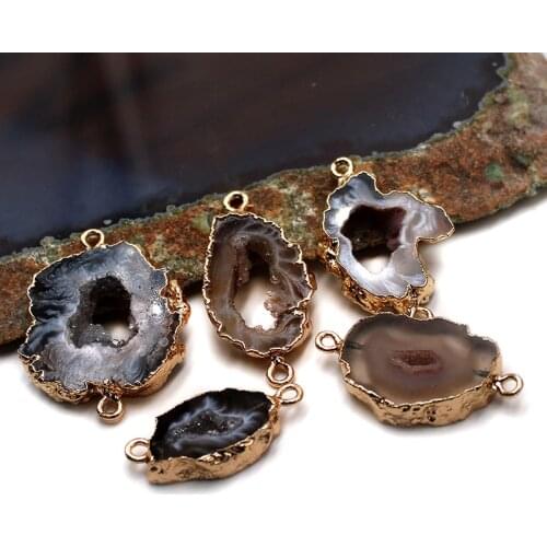 Random Natural Stone Agates Slice with Hole Patch Pendant with Double Connector for Jewelry Making Necklace Bracelet Accessory