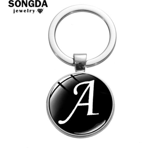 SONGDA 26 English Letters Glass Round Charm Key Ring Personality A-Z Initial Name Keychain Bag Car Key Chain Accessories Unisex