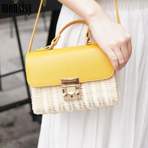 Monsisy Summer Rattan Bag For Women Straw Crossbody Bag Handmade Woven Rattan Bag PU Ladies Beach Totes Holiday Bolsa paja