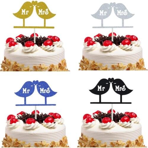 Cake Topper Flags Mariage Glitter Paper Mr Mrs Birds Cupcake Topper Wedding Decoration Bride Valentines Day Party Baking DIY