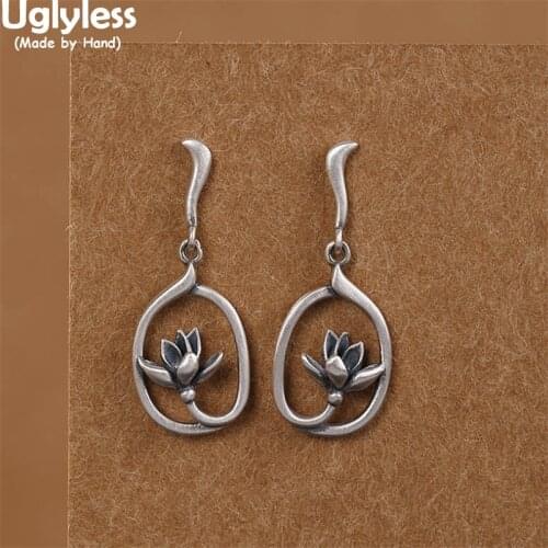 Uglyless 100% Real Thai Silver 925 Silver Lotus Earrings for Women Hollow Flowers Earrings Eastern Beauty Vintage Dress Jewelry