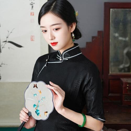 Oriental Dress Large Size QiPao Black Cheongsam Tiansi MidSleeve Cheongsams High-End Chinese Traditional Dress Cheongsam Dress