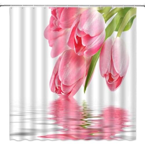 Tulip Flower Shower Curtain Plant Water Surface Scenery Bathroom Decor Pink Floral Pattern Polyester Fabric Hanging Curtain Set