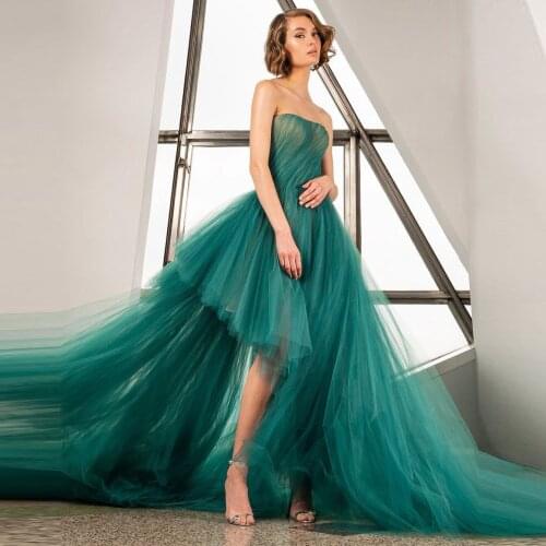 Green Simple Elegant Fashion Women Dress Strapless Tulle Ruffle High Low Floor Length Evening Dress Plus Size Prom Dress