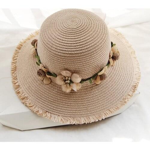 Women Girls Summer Beach Foldable Flower Embellish Outdoor Wide Brim Adult Straw Hat Sunproof Travel Water-Sprinkling Festival