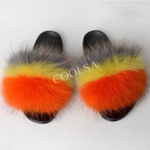 COOLSA New Womens Raccoon Fur Slippers Street Fluffy Furry Fur Slides Ladies Fashion Indoor Plush Shoes Travel Beach Flip Flops