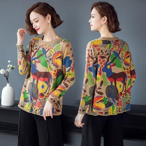 Ladies Floral Sweater Autumn Long Sleeve Jumper Elegant Printing Female Knit Tops Fashion Knit Blouse Pullovers Free Shipping