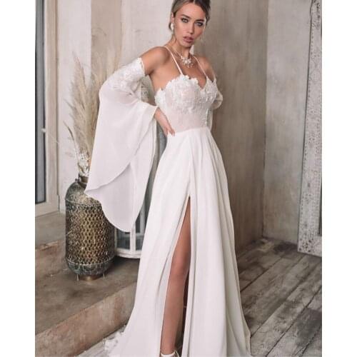 Boho Wedding Dress Chiffon Sexy Sweetheart Floor Length Puff Sleeve Lace Appliques Robe De Mariee Gorgeous For Petite Women