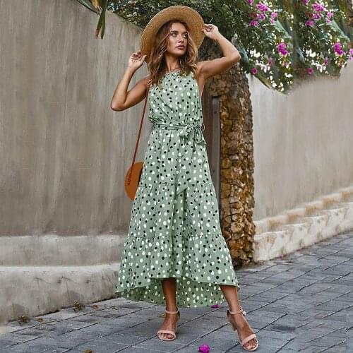 Fashion Polka Dot Boho Beach Womens Maxi Dress Vinatge Elegant Sleeveless Bandage Mid-Calf Dress Holiday Vacation Beach Dress